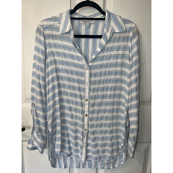 FOXCROFT Women’s Blue & White Striped‎ Button Down Shirt High Low Top Size 8 - Picture 1 of 6